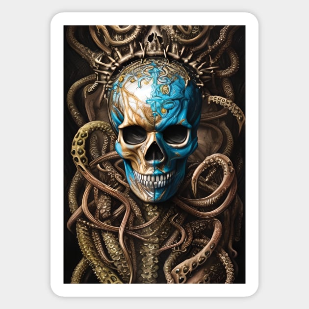 Blue and Gold Skull | Skull and Tentacles Artwork | Armored Skull | Dystopian Skull | Warrior Skull Sticker by GloomCraft